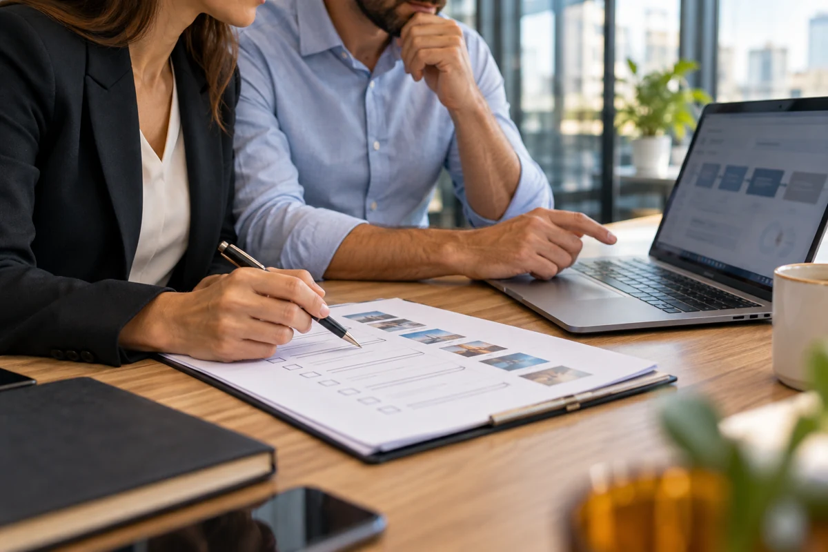 Two professionals reviewing a customer journey on a laptop and a printed checklist.