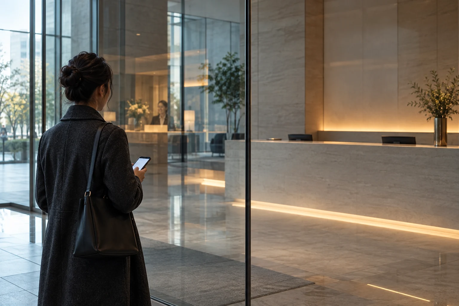 A customer holding a phone faces an empty appointment reception desk.